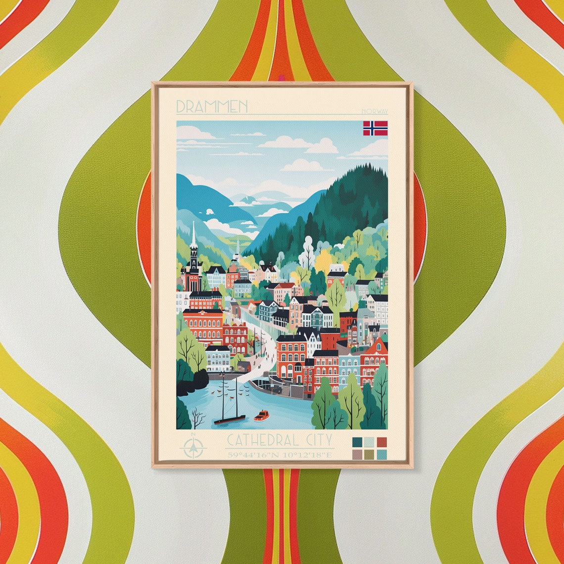Drammen Norway Harbor Boats Forested Mountains Town View Poster - Image 2