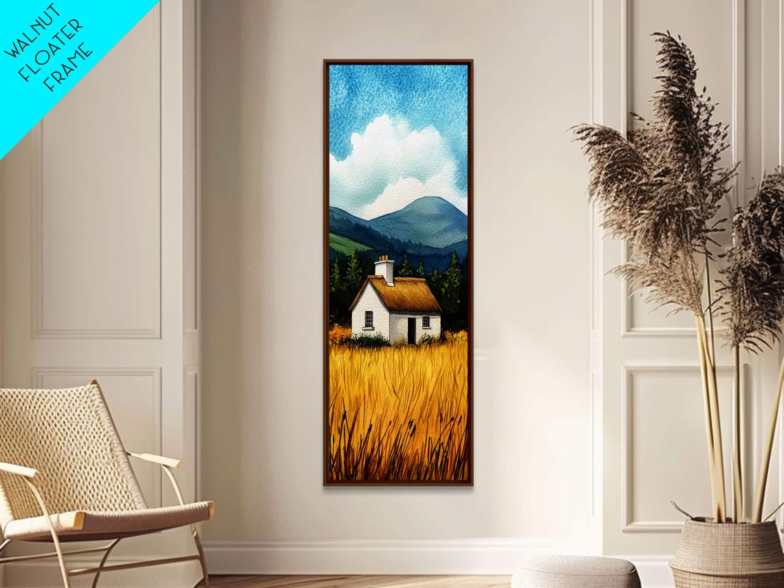 White Cottage in Golden Wheat Field Mountains Blue Sky Wall Art - Image 3