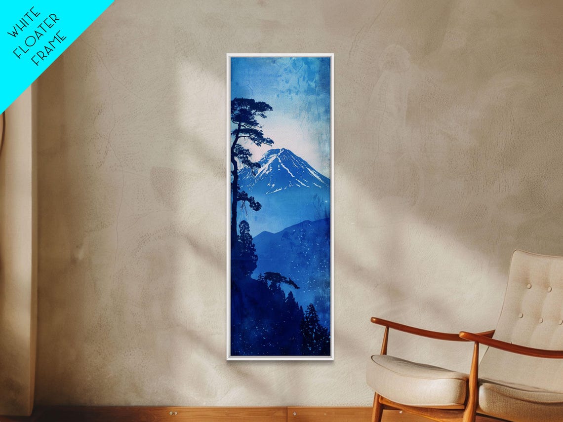 Mount Fuji In Blue Monochrome With Pine Trees Watercolor Travel Poster - Image 5