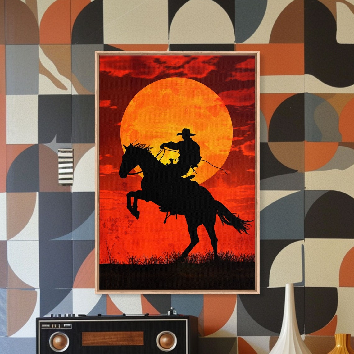 Cowboy Silhouette Rearing Horse Giant Orange Sunset Wall Art - Image 2