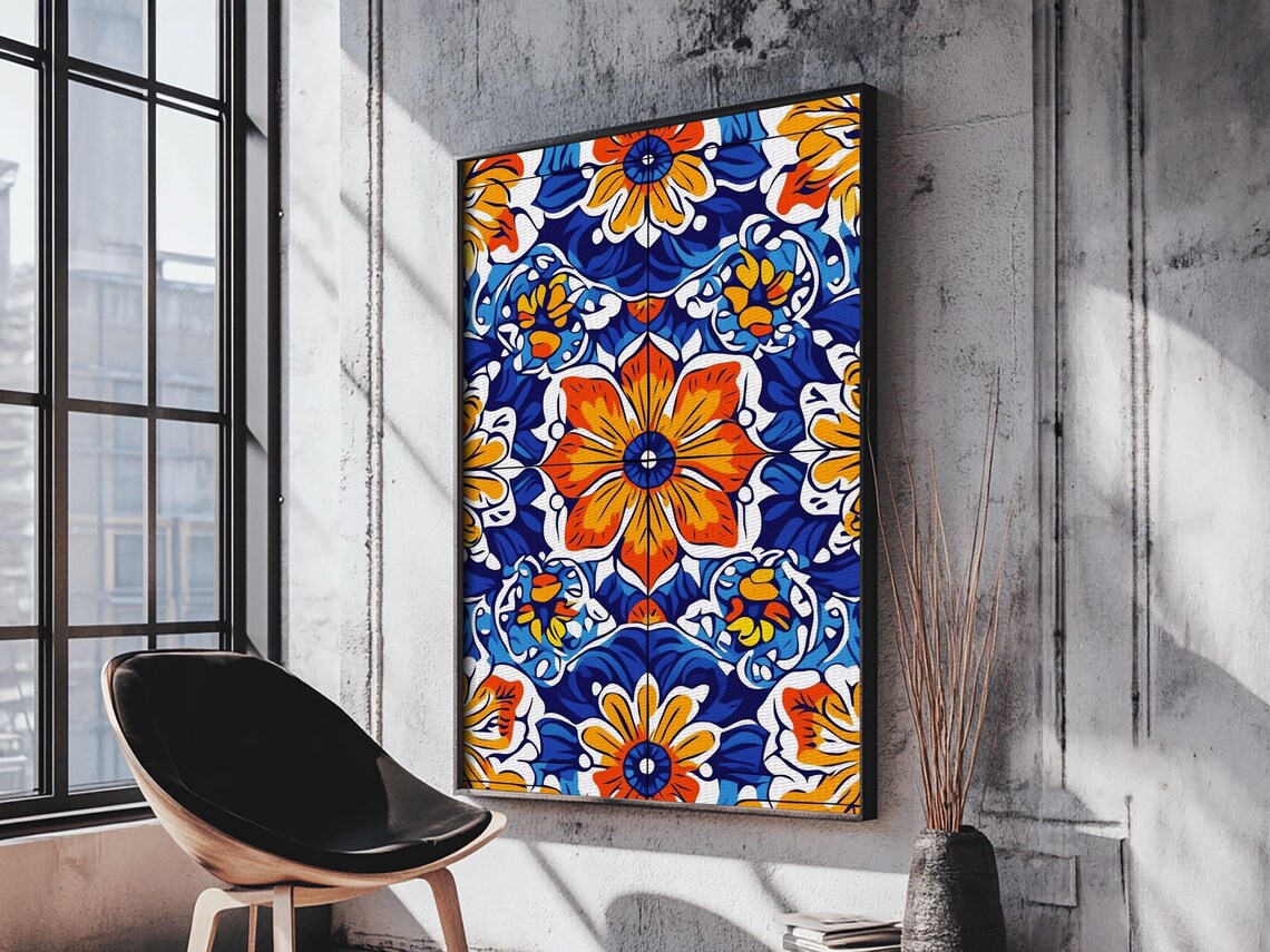 Mexican Talavera Tile Pattern Blue Orange Floral Folk Vibrant Art Poster - Image 3