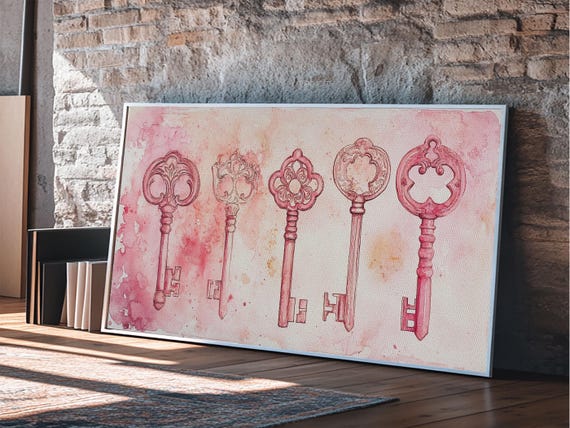 Vintage Keys Print Rustic Wall Art Cottagecore Decor Light Pink Wall Art Whimsical Art Minimalist Art Farmhouse Artwork
