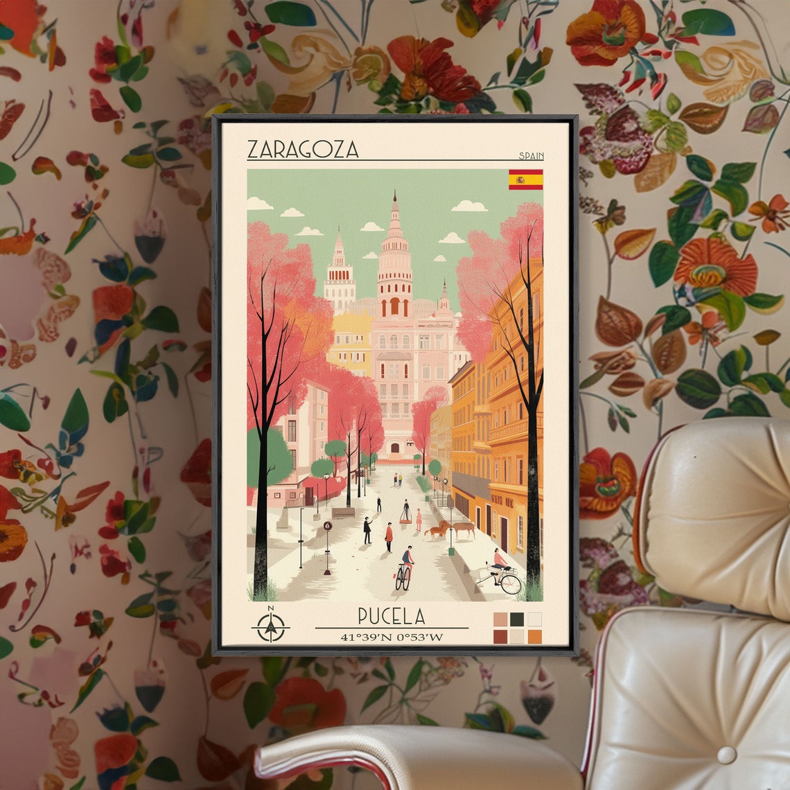 Zaragoza Spain Basilica Towers Pink Tree Lined Plaza Travel Poster - Image 5