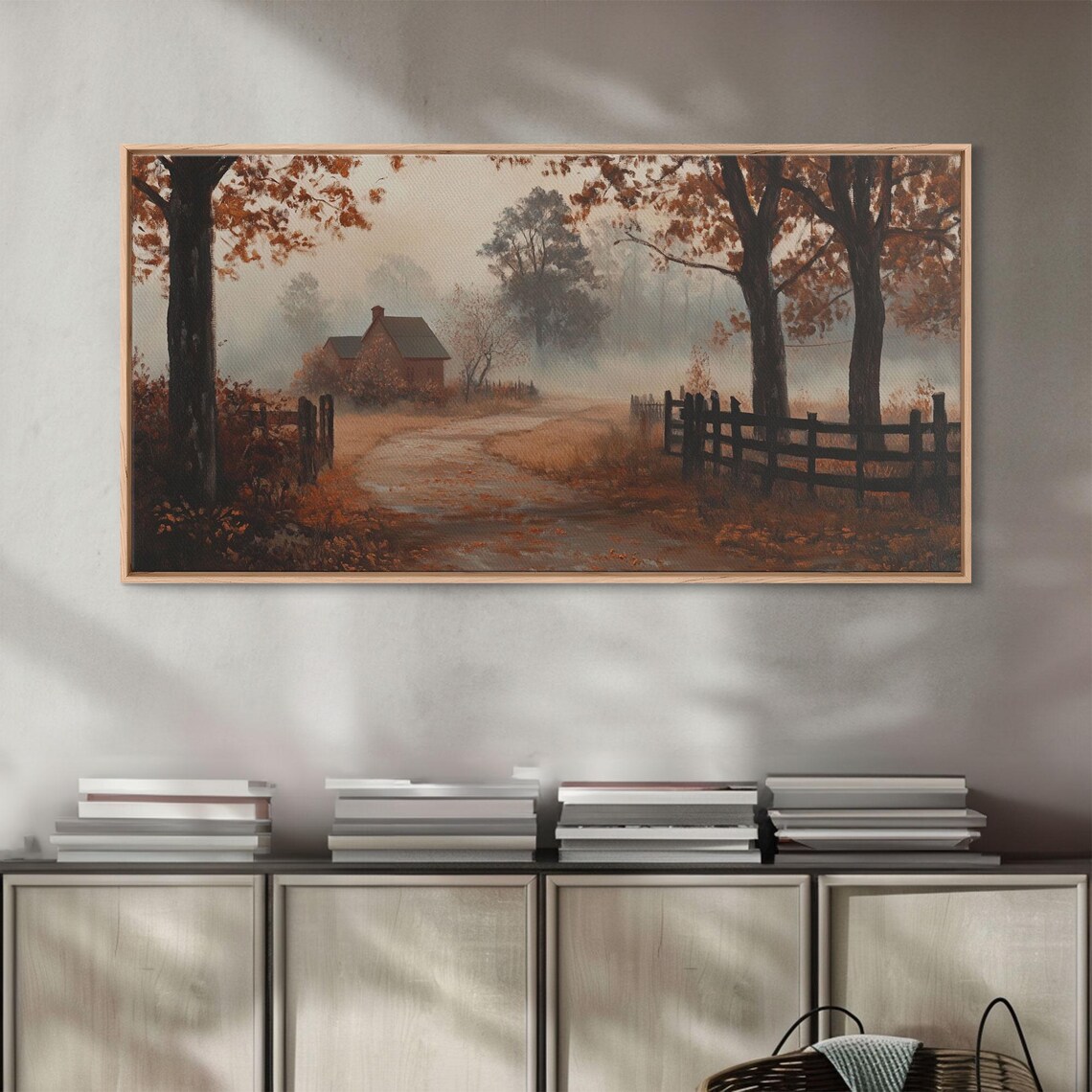Misty Autumn Farm Road Leading To Red Barn Foggy Morning Art Poster - Image 3
