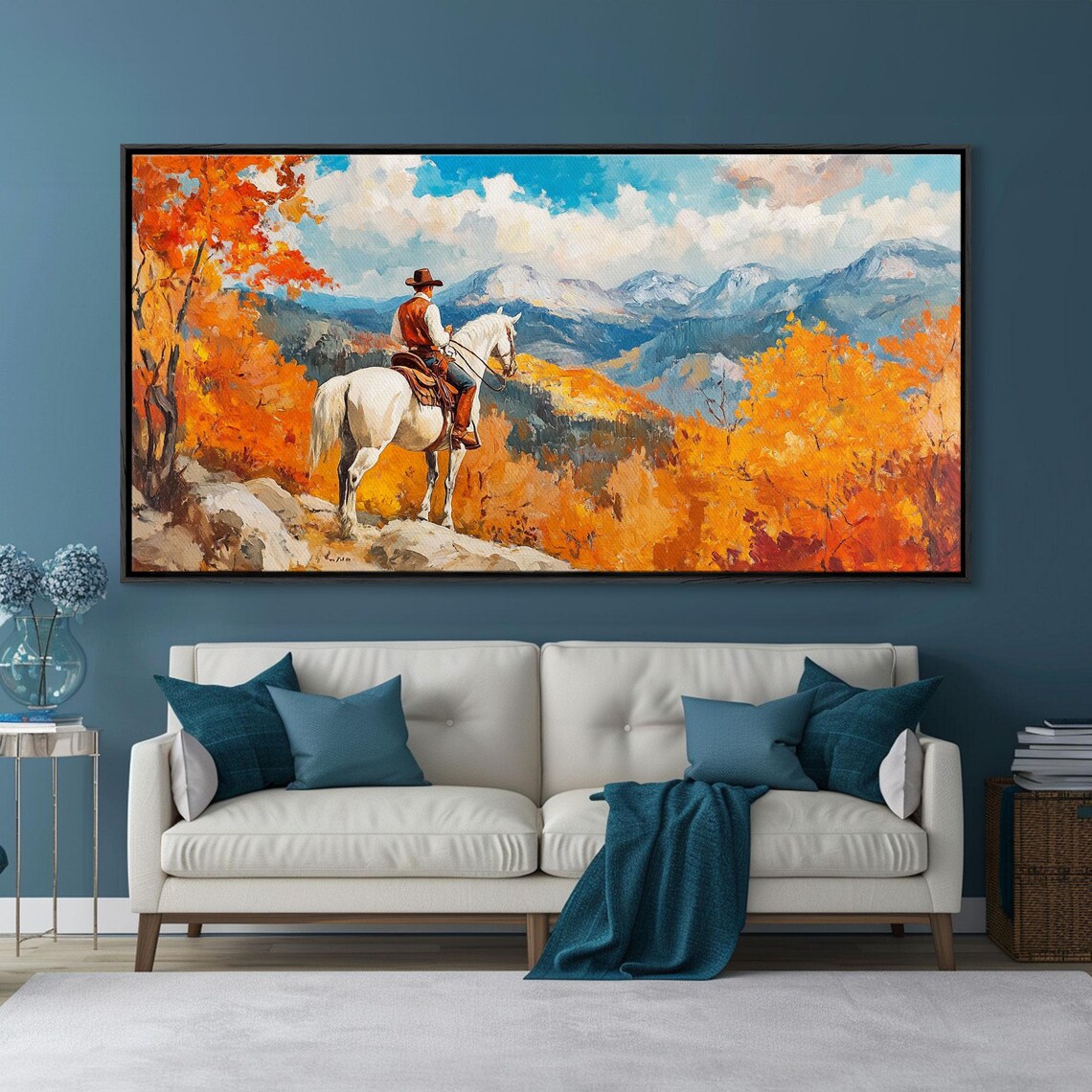Fall Cowboy Overlooking The Mountains Framed Print Rustic Western Art With Vibrant Fall Tall Framed Print Farmhouse Wall Art - Image 4