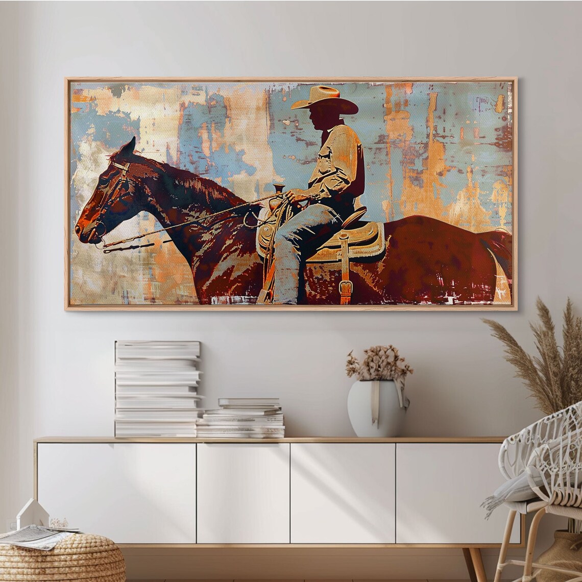 Cowboy On Horseback, Rustic Boho Wall Art Print