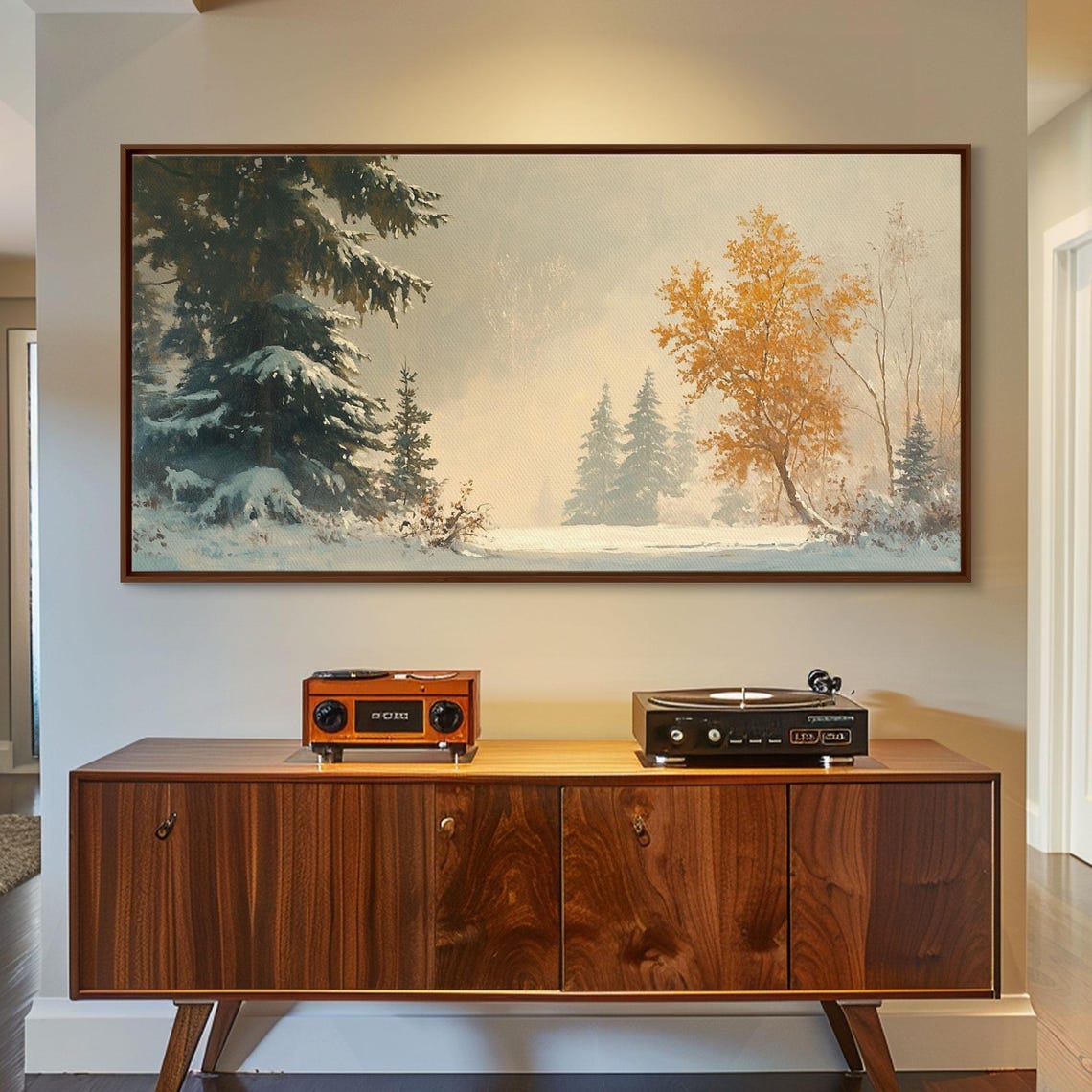 Misty Winter Forest With Snow Covered Pines And Golden Tree Poster - Image 3