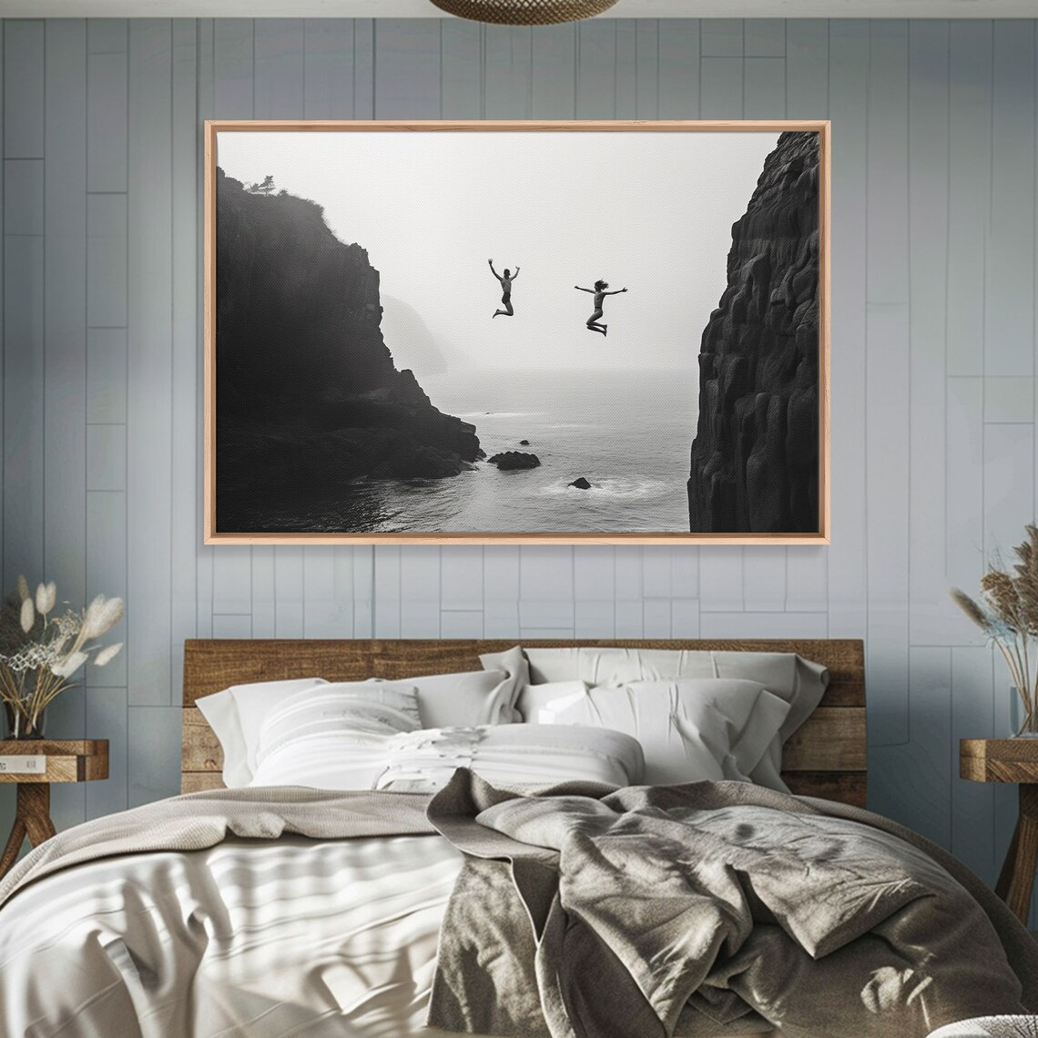 Black White Cliff Jumpers Ocean Mist Dramatic Minimalist Seascape Photography Print - Image 3