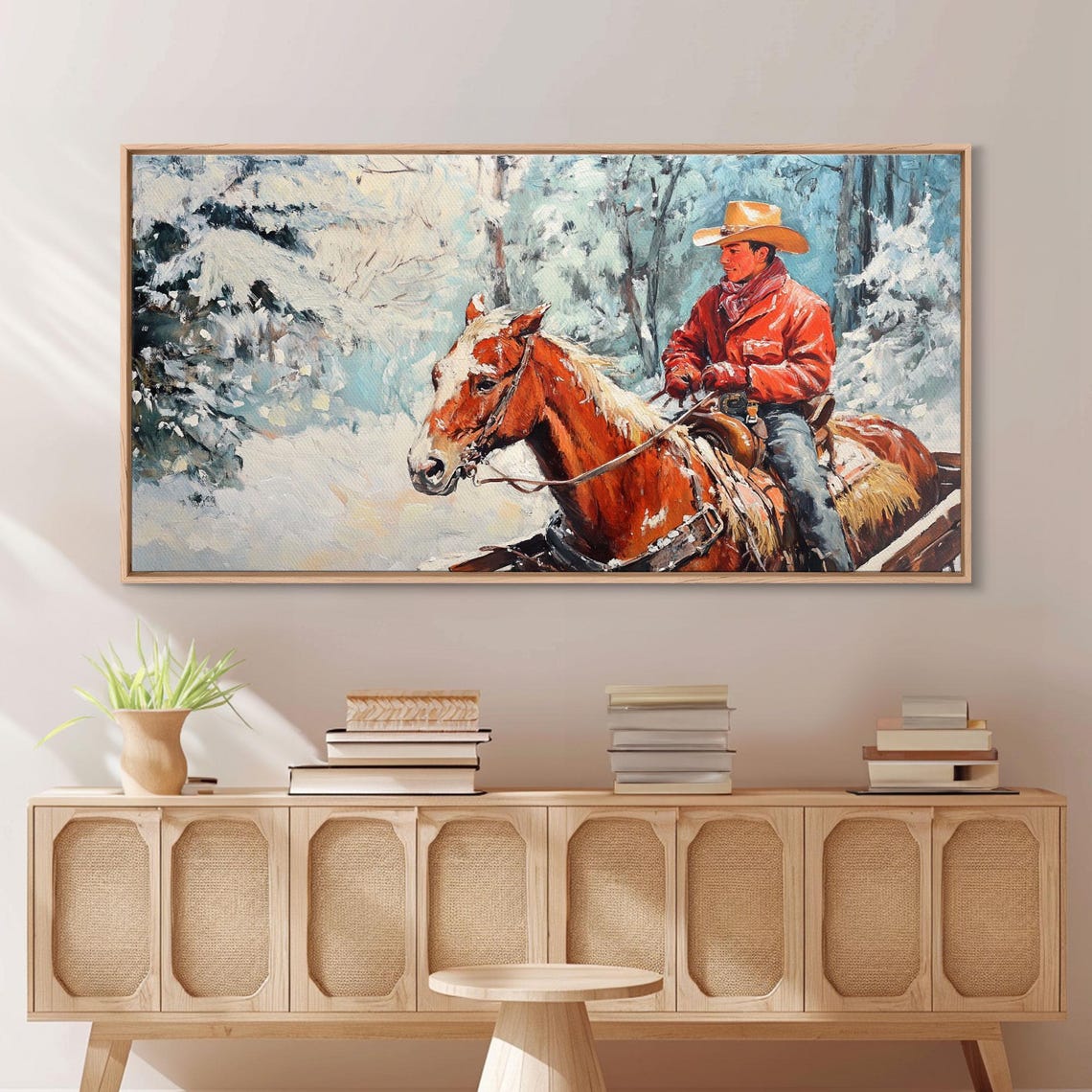 Cowboy In Red Jacket Riding Chestnut Horse Through Snowy Woods Poster - Image 4