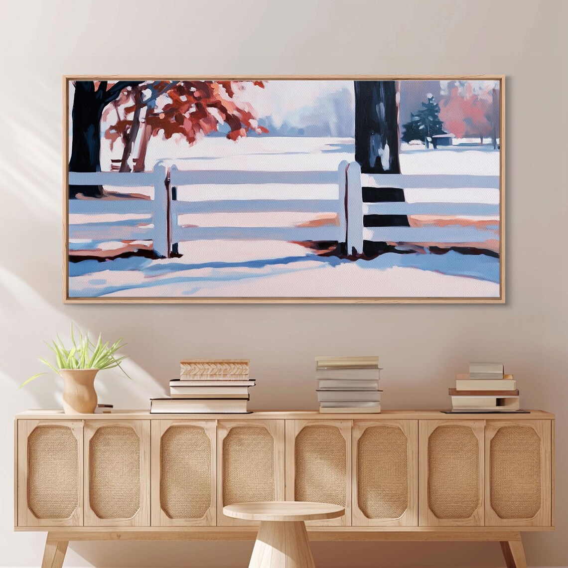 White Fence In A Snowy Field With Red Autumn Leaves Art Poster - Image 6