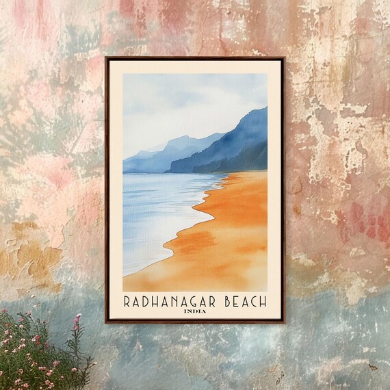 Radhanagar Beach India Golden Sand Shore Blue Mountains Calm Water Watercolor Poster