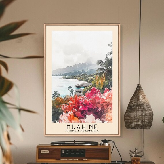 Huahine French Polynesia Lagoon Bungalows Tropical Watercolor Poster