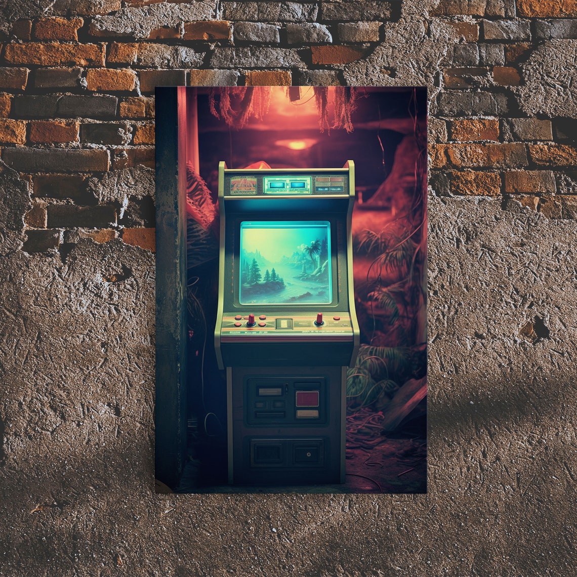 Retro Arcade Cabinet In Neon Red Dark Room Vintage Gaming Photo Poster