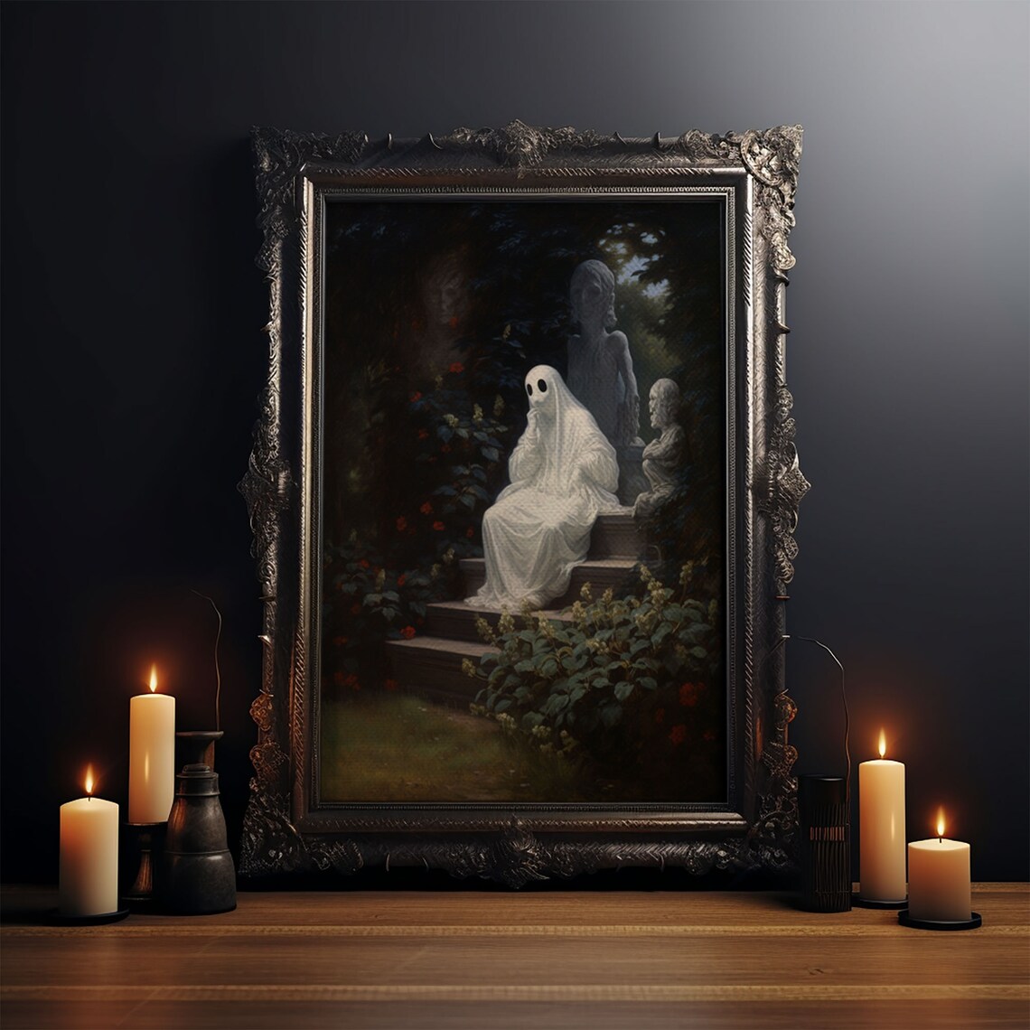 Thoughtful Sheet Ghost Sitting Garden Steps Night Statues Dark Academia Art Poster - Image 3