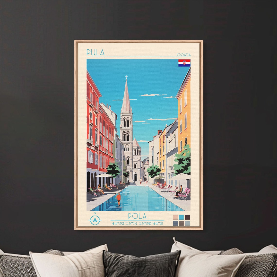 Pula Croatia Old Town Street Tall Church Tower Square Travel Poster