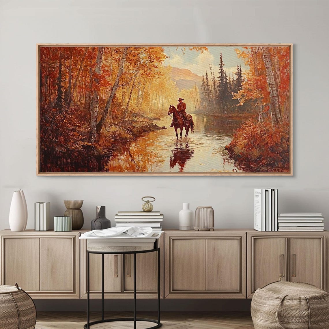 Autumn Cowboy Riding Horse Through River Golden Forest Trail Poster
