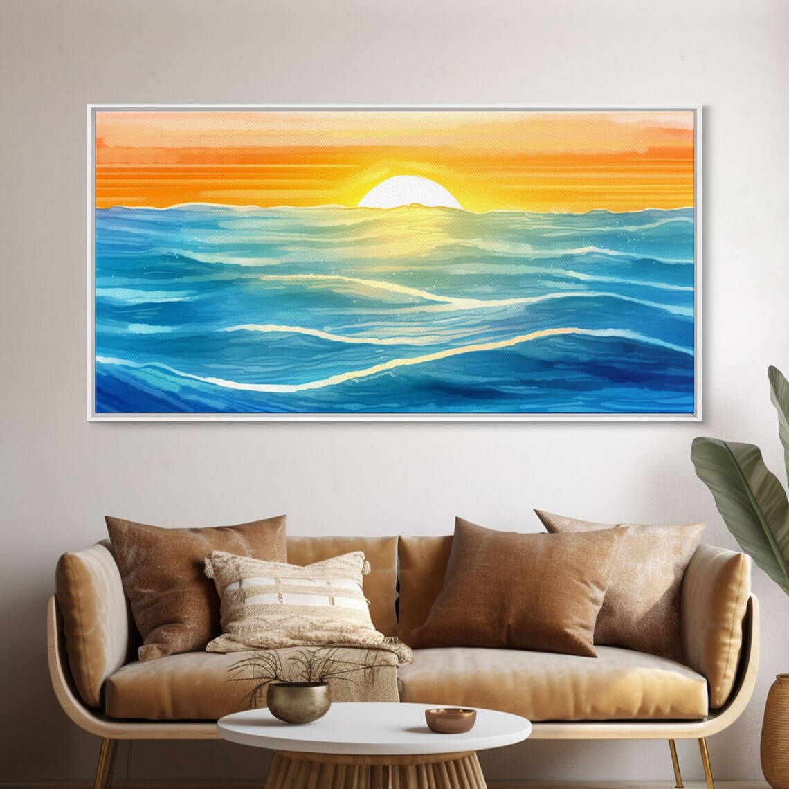 Ocean Sunset Waves Blue Sea Horizon Golden Sun Painterly Coastal Wall Art Poster - Image 5