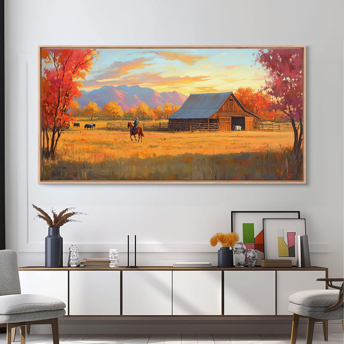 Autumn Cowboy Farm Barn Horses Sunset Mountains Landscape Poster - Image 2