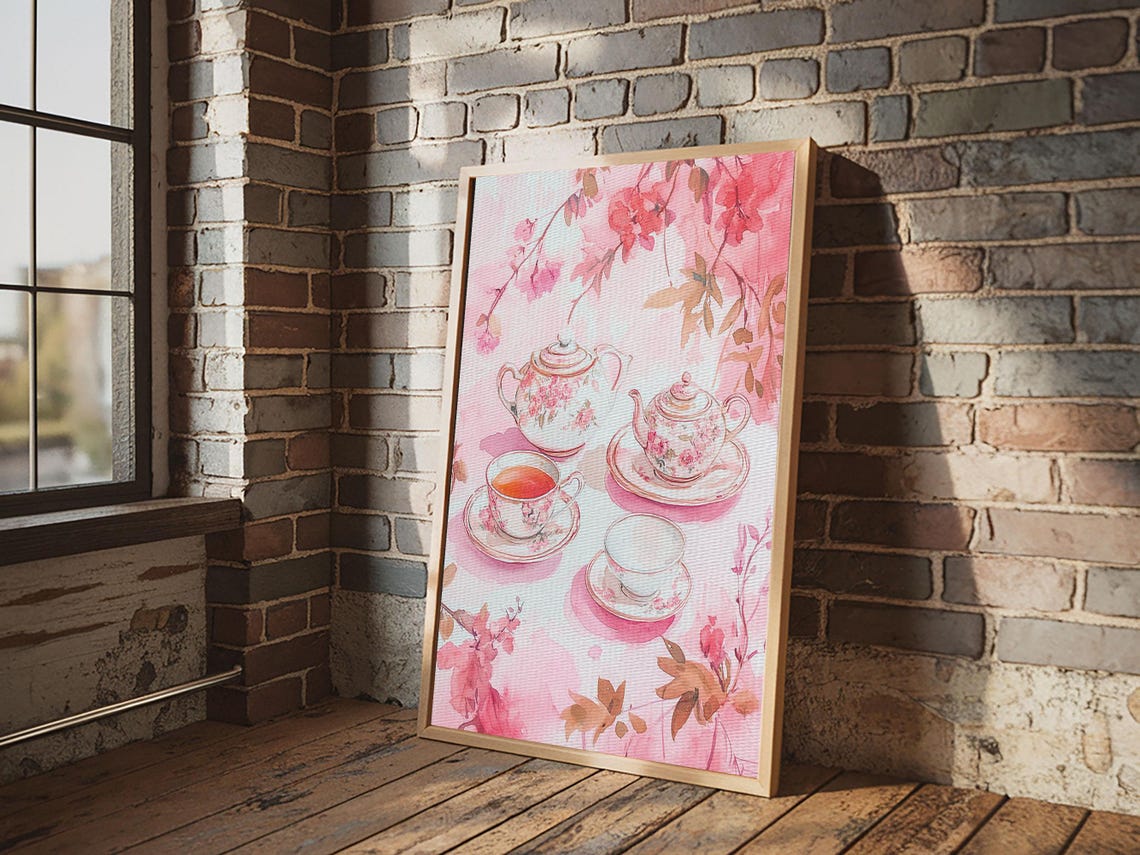Pink Floral Tea Set With Cherry Blossoms Watercolor Wall Art Print