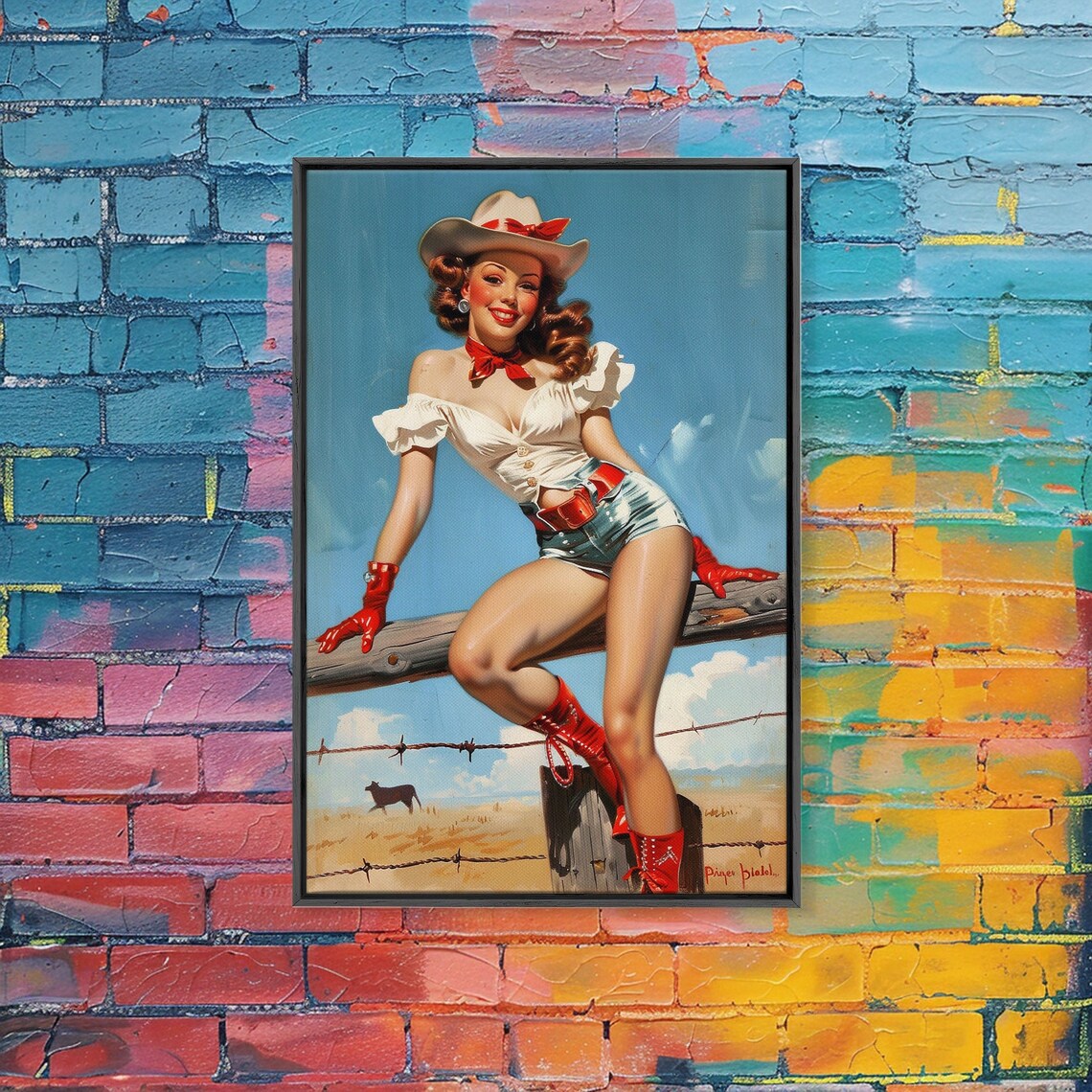 Vintage Cowgirl Pin Up Fence Red Boots Retro Western Wall Art - Image 5