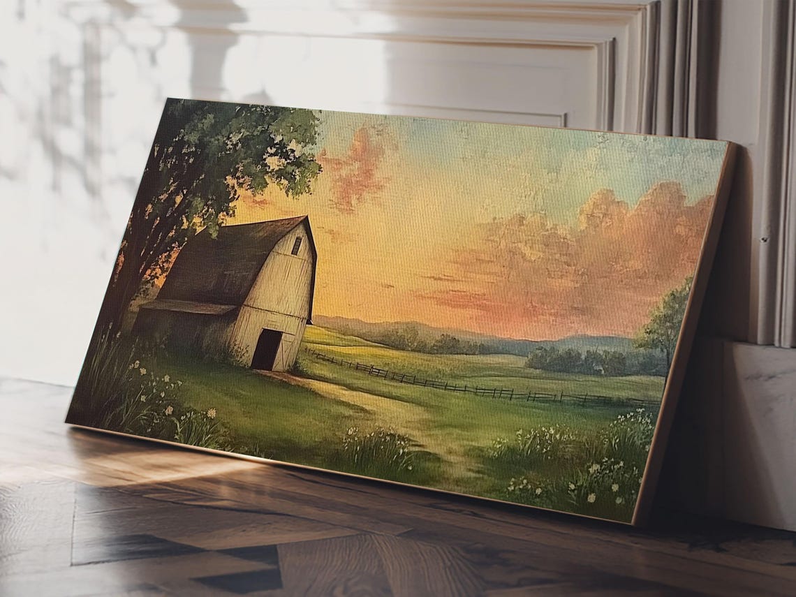 Old Barn Sunset Meadow Fence Vintage Farmhouse Landscape Art Print