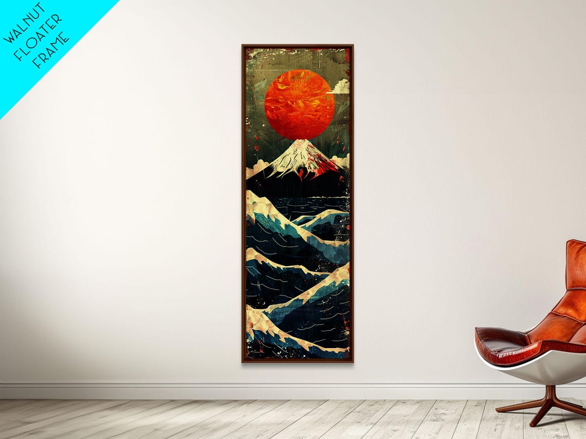 Mount Fuji Beneath Giant Red Sun Above Ocean Waves Vintage Poster - Image 2