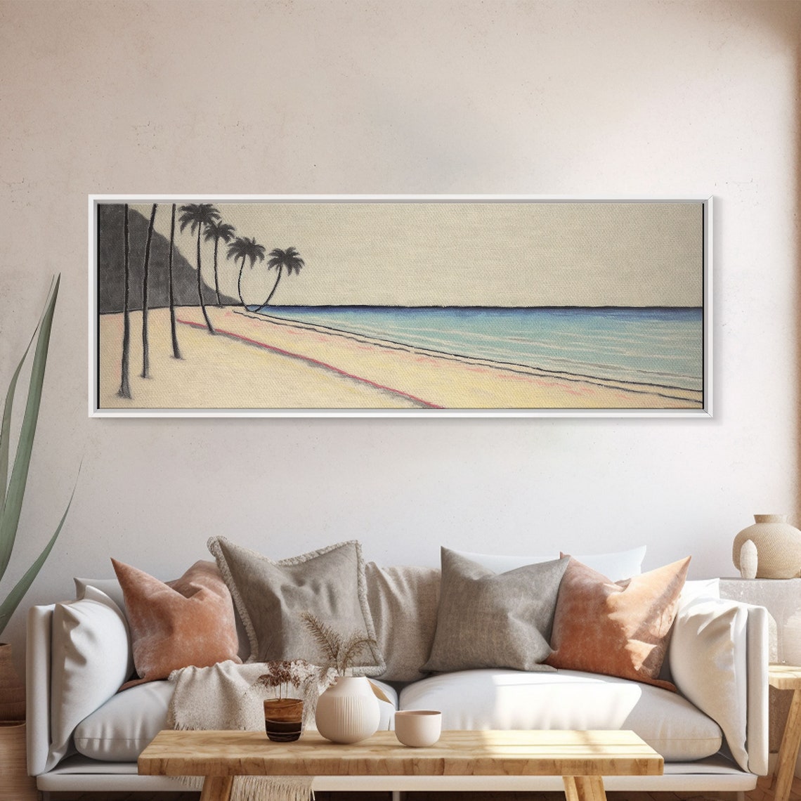 Minimalist Beach Art Print Seashore Shoreline Ocean Plam Trees Tropical Beach Wall Decor Panoramic Wall Art Print - Image 4