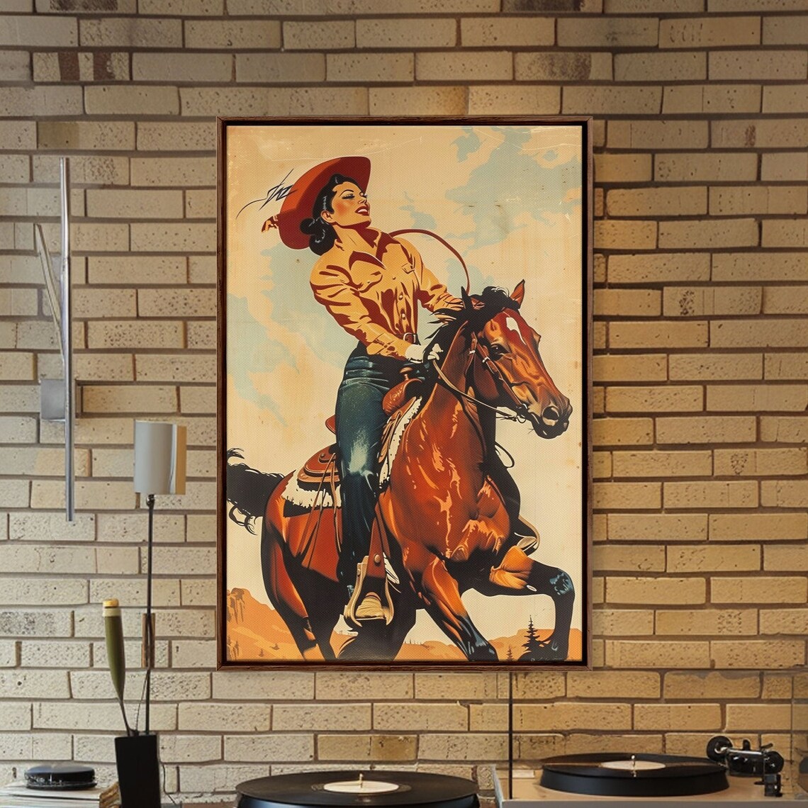 Vintage Cowgirl Riding Rearing Chestnut Horse Western Ranch Poster