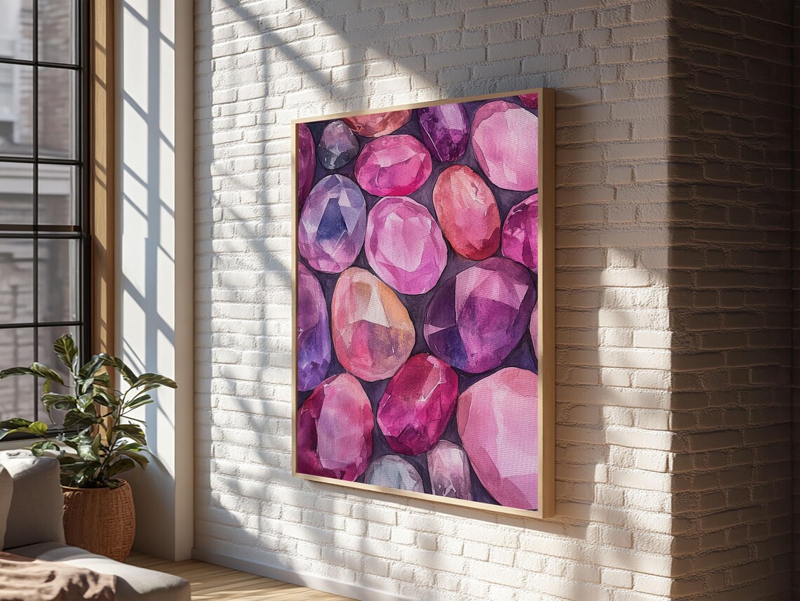 Vibrant Pink Gemstone Faceted Crystal Watercolor Art Wall Poster - Image 4
