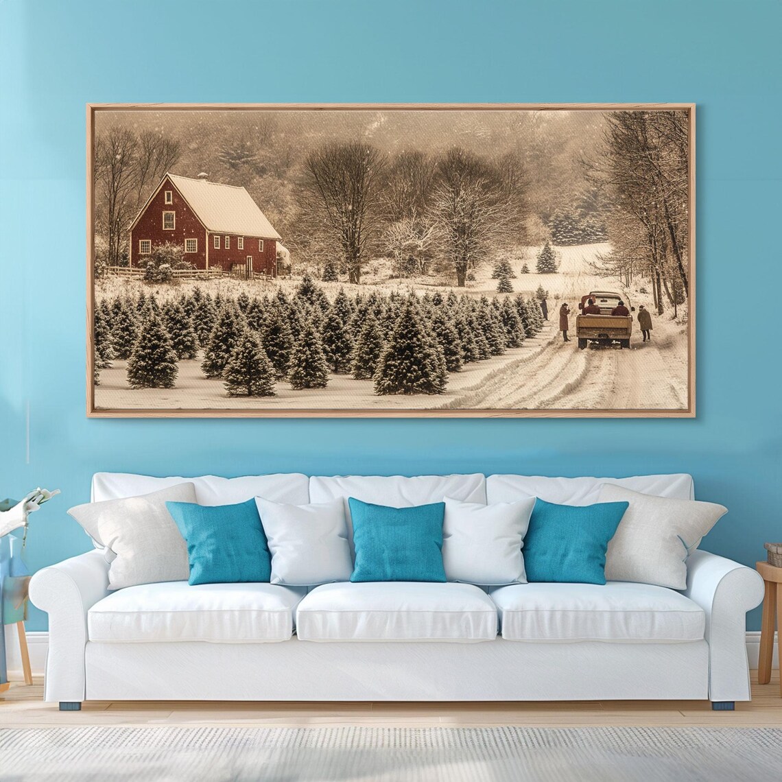Snowy Farmhouse Christmas Tree, Rustic Holiday Art Print