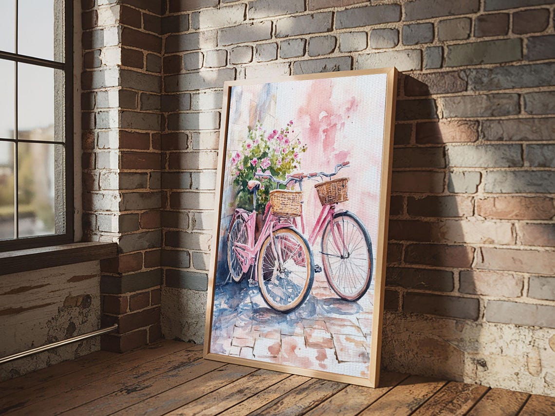 Two Pink Bicycles With Flower Baskets Watercolor Wall Art Print