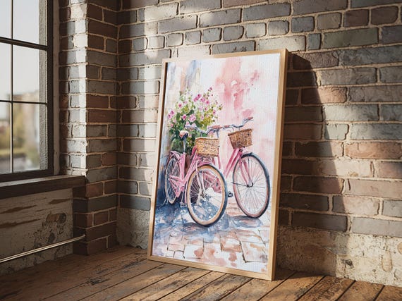 Pink Bicycle Duo Print Cottagecore Wall Art Rustic Decor Vintage Bike Painting Bedroom Art Guest Room Art Farmhouse Decor
