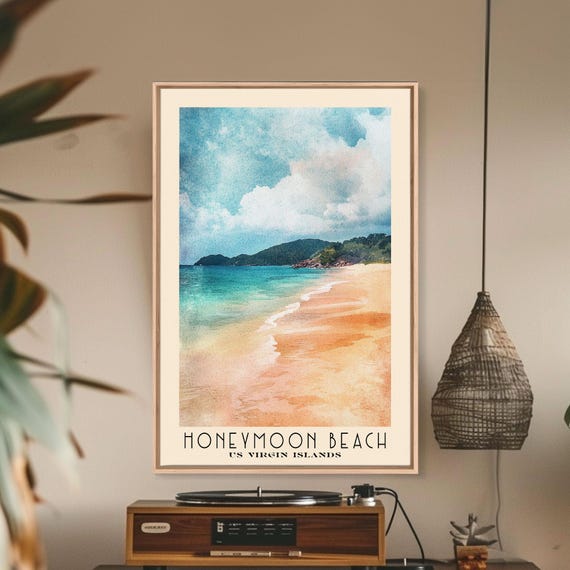 Honeymoon Beach Us Virgin Islands Watercolor Beach Print Vacation Gift Wall Art Framed Print Framed Beach Painting
