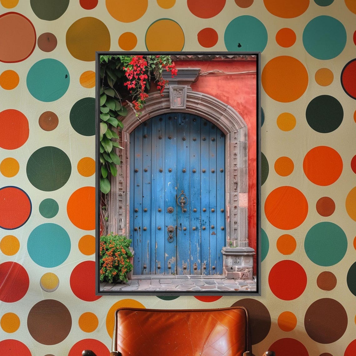 Weathered Blue Door Iron Studs Crimson Wall Colonial Art Poster - Image 2