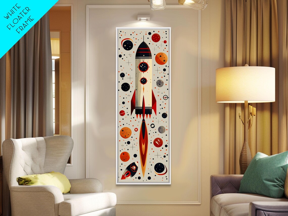 Retro Atomic Age Rocket Ship With Planets And Stars Nursery Art Poster - Image 3