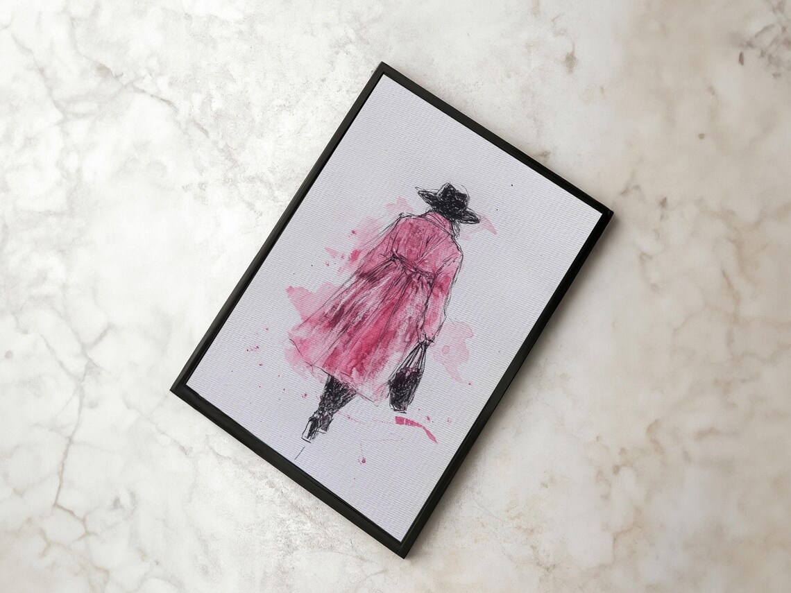 Woman In Pink Coat Fashion Illustration Minimalist Wall Art Print Poster - Image 2