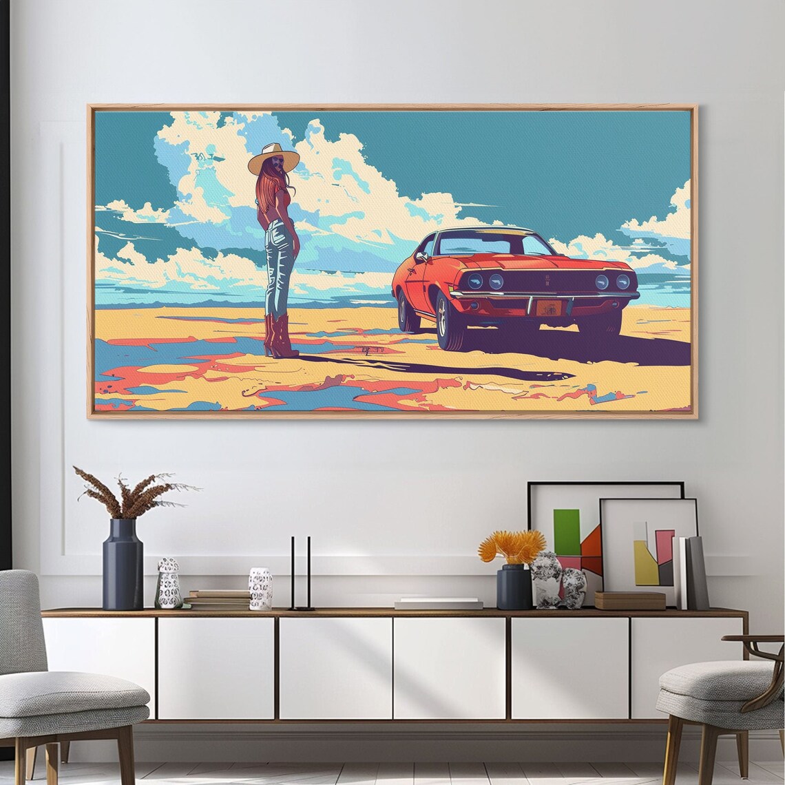 Vibrant Pop Art Cowgirl With Red Classic Car Under Desert Sky Poster - Image 5