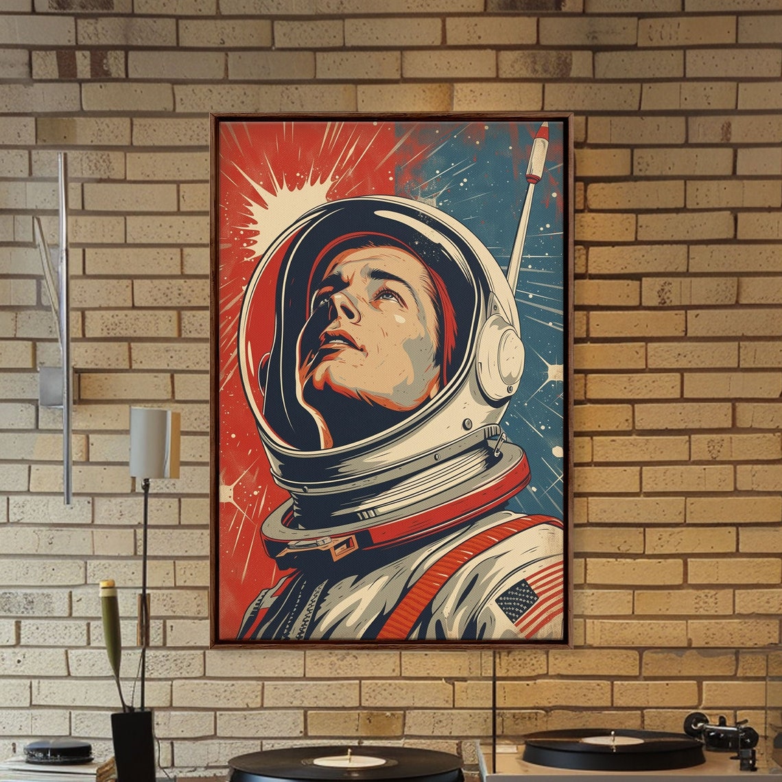 Vintage Pop Art Astronaut Looking Up Red Starburst Space Wall Art - Image 2