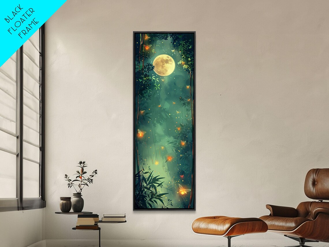 Enchanting Fireflies Illuminating Nighttime Forest Scene Under Full Moon Tall Framed Print Adding Magical Touch - Image 3