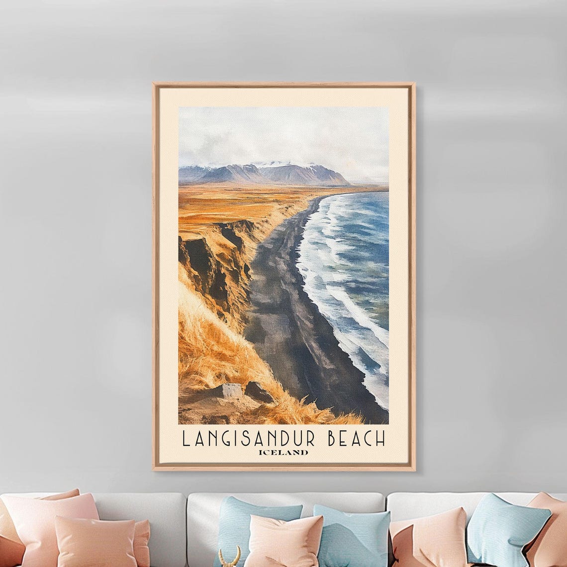 Langisandur Beach Iceland Black Cliffs Golden Grass Foamy Sea Poster - Image 3