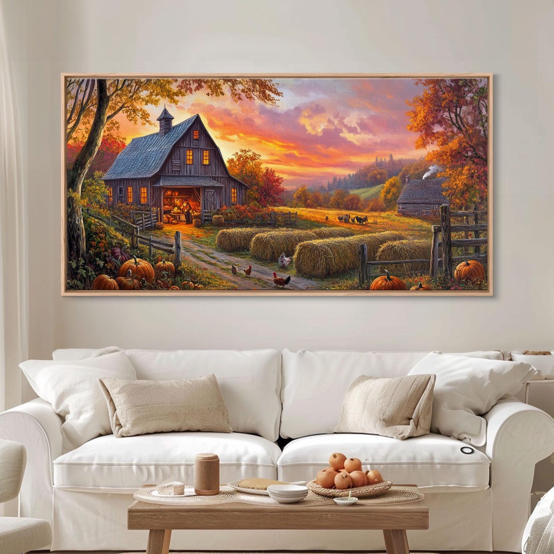 Rustic Barn Sunset Harvest Hay Bales Pumpkins Fall Landscape Art - Image 2