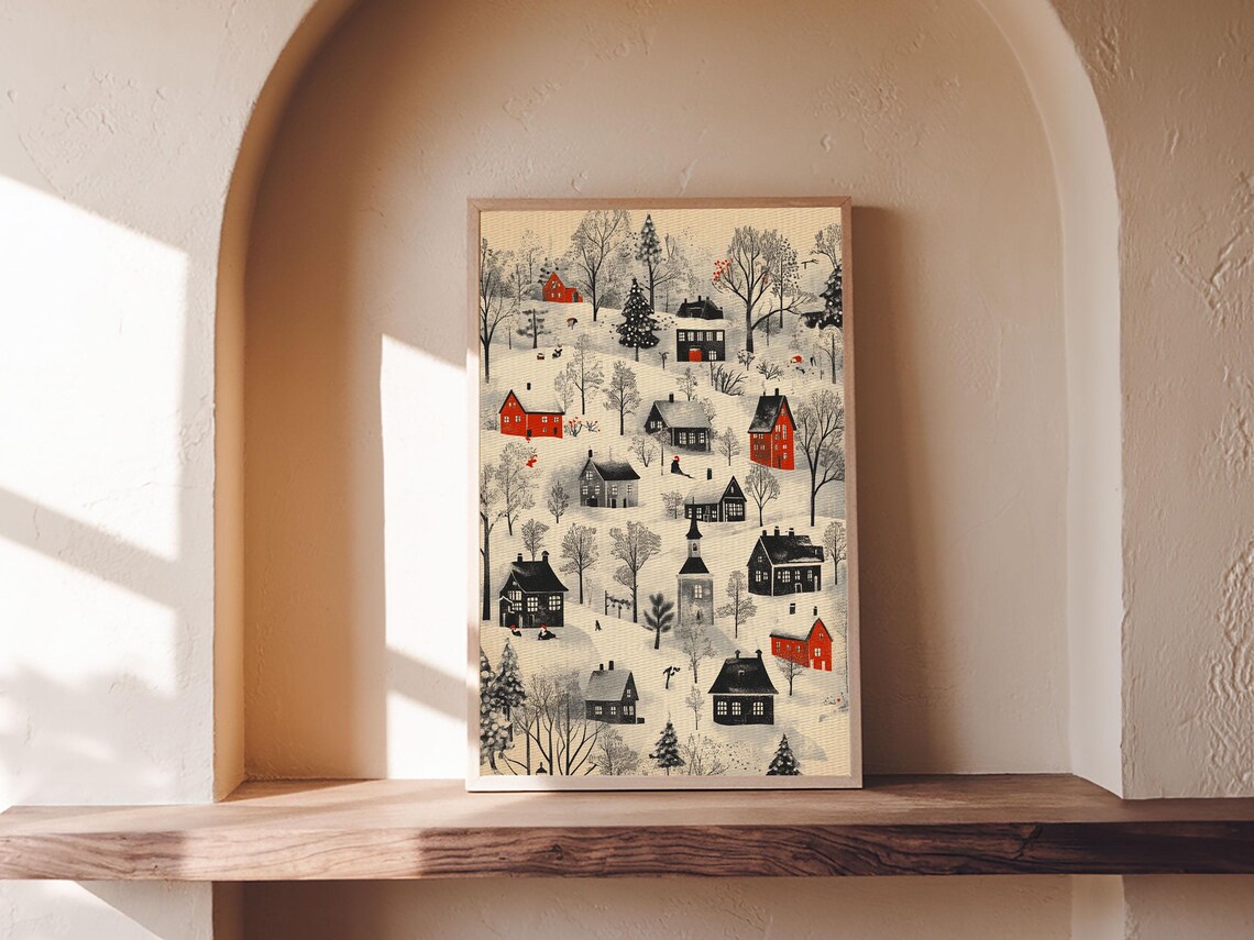 Snowy Christmas Village Red Houses Winter Hillside Holiday Art Poster - Image 4