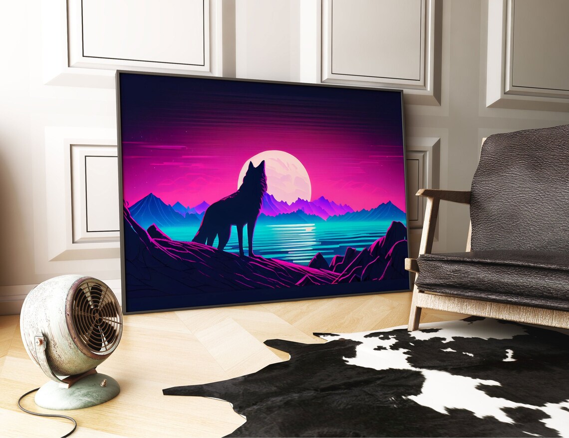 Wolf Silhouette Full Moon Synthwave Night Lake Mountains Wildlife Poster - Image 3