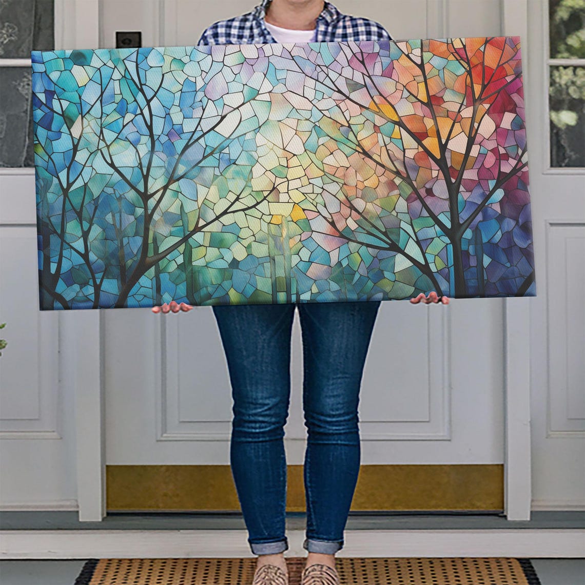 Stained Glass Tree Silhouettes Colorful Mosaic Sky Nature Poster - Image 4