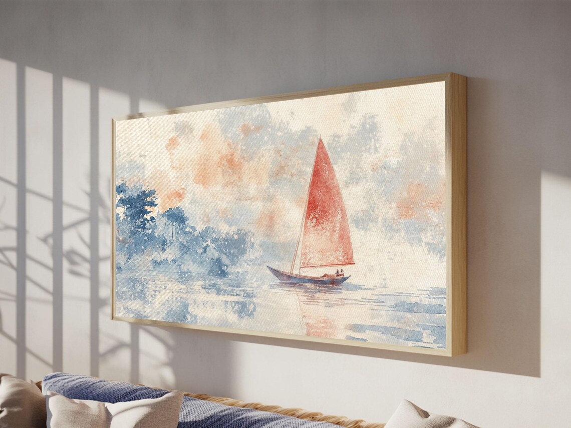 Sailboat With Red Sail On Calm Water Soft Watercolor Nautical Painting - Image 2