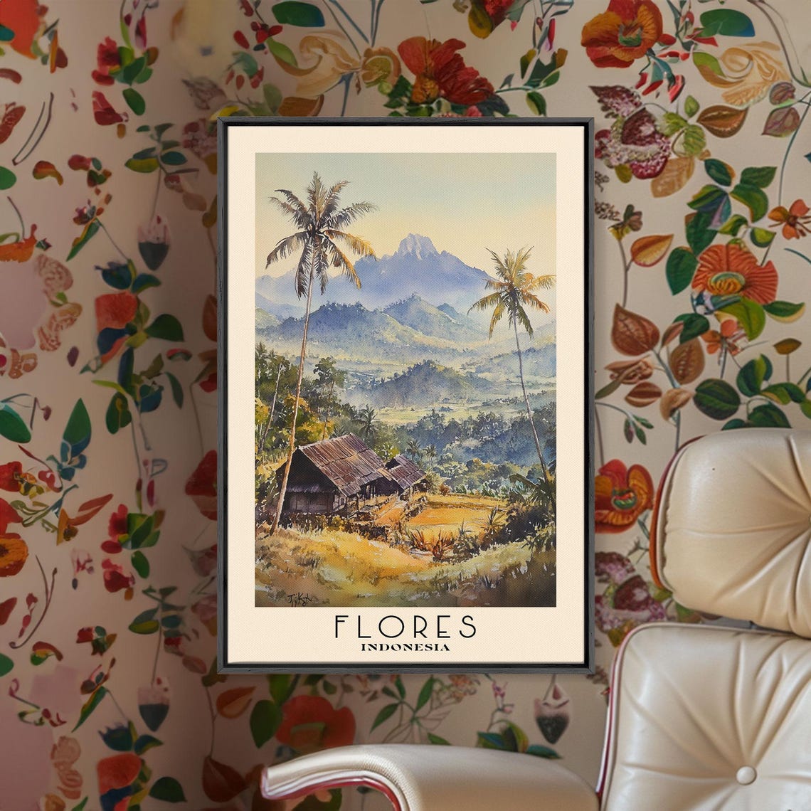 Flores Indonesia Palm Valley Misty Volcano Peaks Watercolor Poster - Image 2