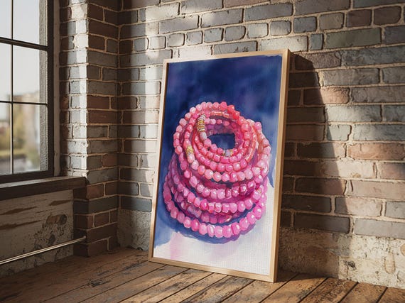 Pink Beads Print Boho Jewelry Art Cottagecore Decor Light Pink Wall Art Rustic Farmhouse Gift Idea Bedroom Artwork
