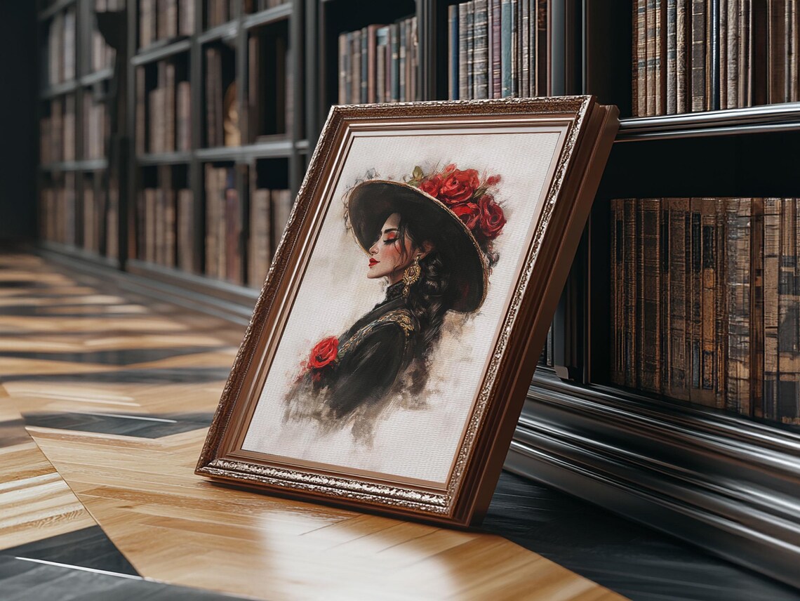 Female Matador Portrait Watercolor Black Suit Red Roses Elegant Poster