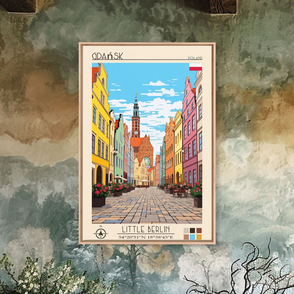 Gdansk Poland Colorful Cobbled Street Flower Planters Tower Poster - Image 2