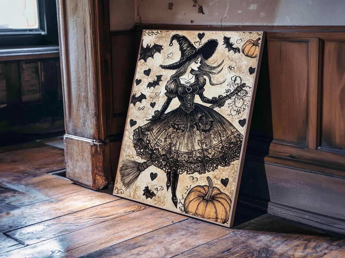 Witch In Lace Dress Flying Broom Vintage Gothic Halloween Pumpkin Art Poster - Image 3
